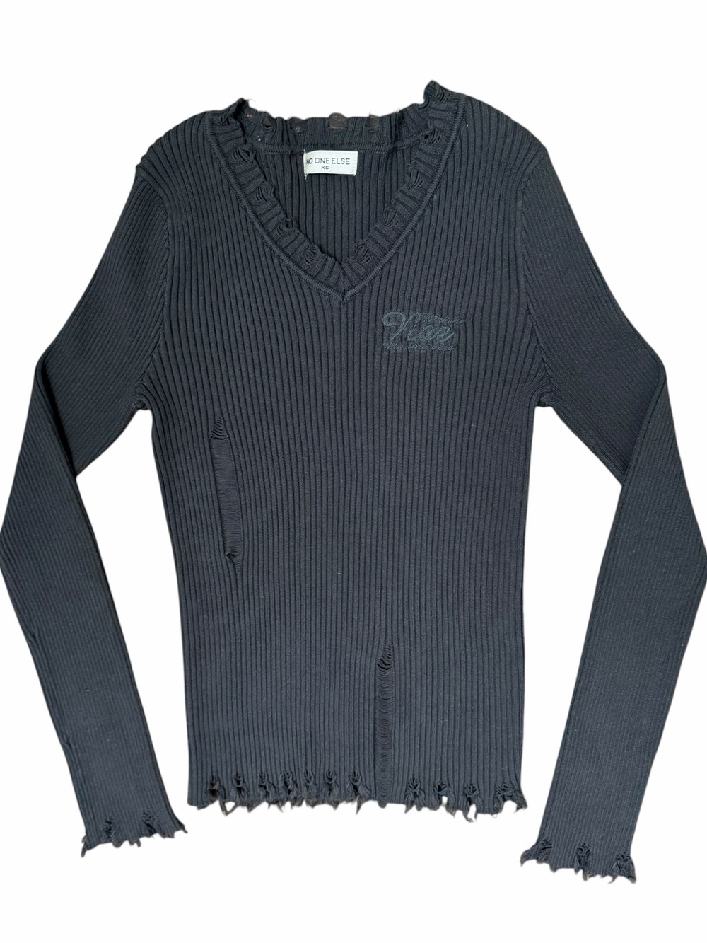 Black Ribbed V-Neck Frayed Hem Long-Sleeve Tee